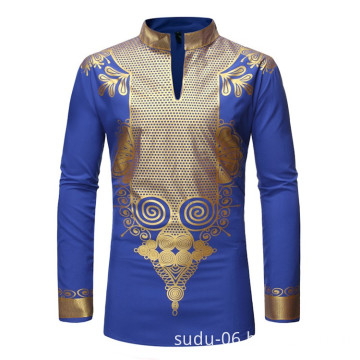 2021 Arrival New Hot Print Stamping Stand Up Collar Long Sleeve African Dashiki Style Shirt